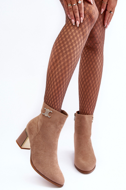 Leather Boots On Heel With Ornament Beige Dwinja