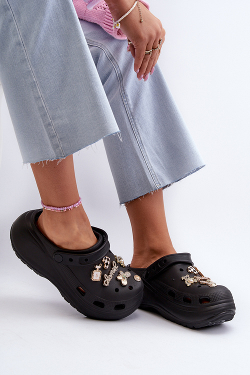 Women's Lightweight Foam Slides with Thick Sole and Charms Black Effiora