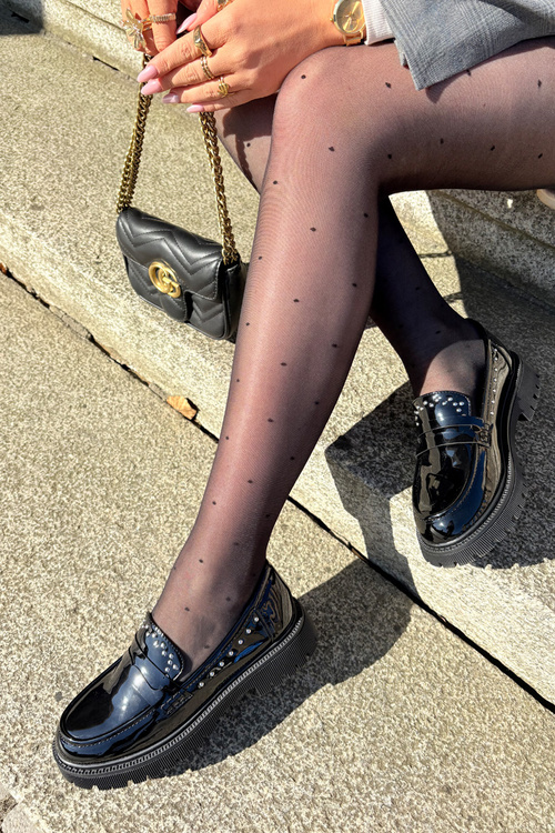 Damskie Lakierowane Mokasyny Zdobienie Czarne Nallae