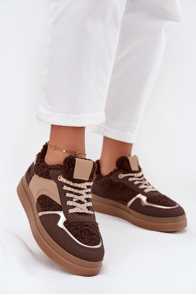 Damskie Sneakersy Z Futerkiem Typu Baranek Brązowe Frelina