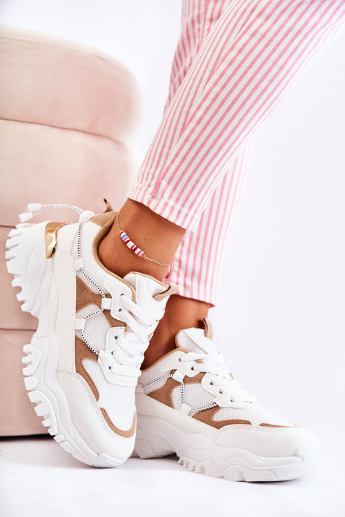 Buty Sportowe Modne Materiałowe Beżowo-Białe Amariso