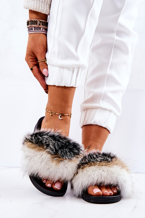 Slippers With Natural Fur Black and white Naturis