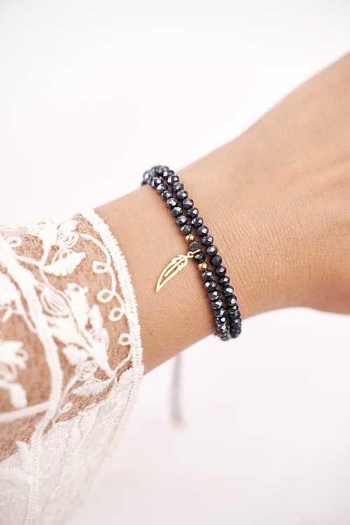 Women's Bracelet Black String Celebrity Gold Feather Clementina