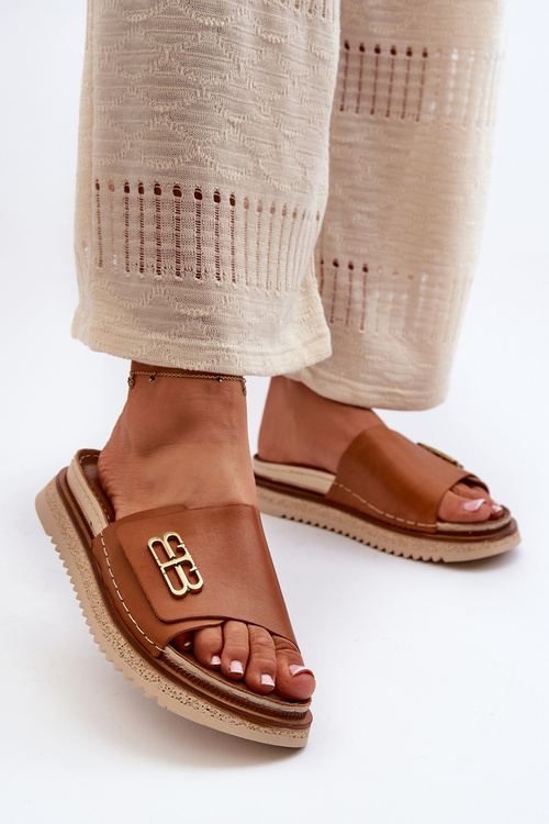 Klapki Skórzane Damskie Na Platformie Brązowe Zazoo 50101