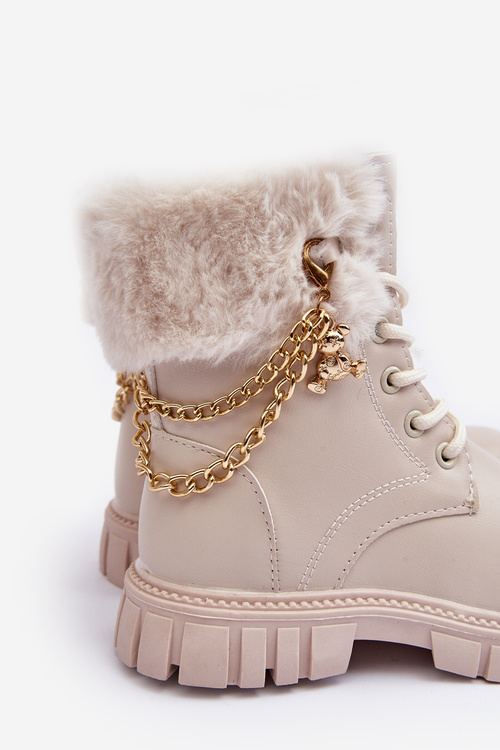 Kids Leather Lined Boots with Chain Beige Cadia