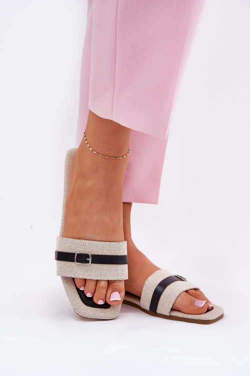 Flat Ladies Slippers With Strap And Buckle Beige Zilina