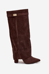Eco Suede Boots Heel Block Zipper Insulated Folded Shaft Chocolate Evyra