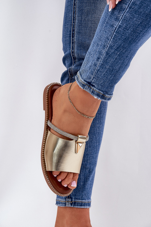 Eco Leather Slippers On Flat Heel With Decorative Strap Golden Hirtewi