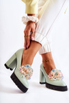 Elegant Pumps With Ornament Smooth Green Caterine 