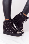 Lined Wedge Boots with Rhinestones Suede Black Lu Boo