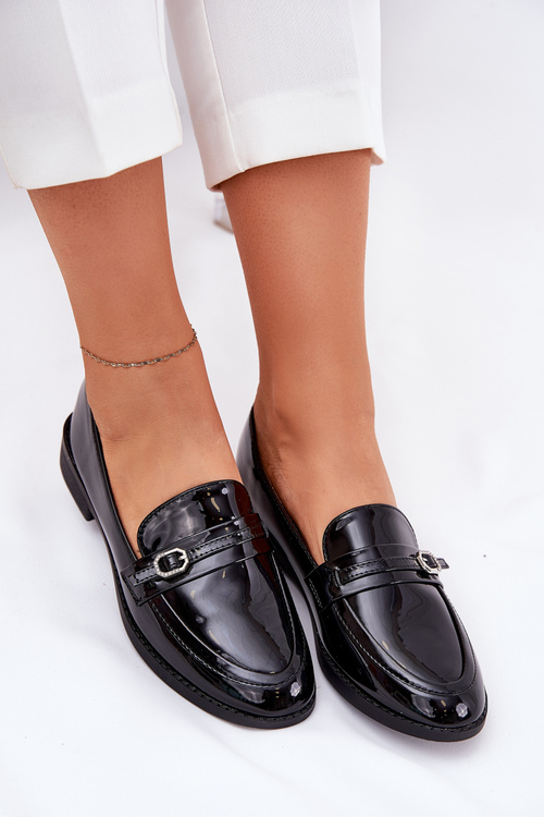 Lacquered Women's Loafers With Decorative Buckle Black Mollan