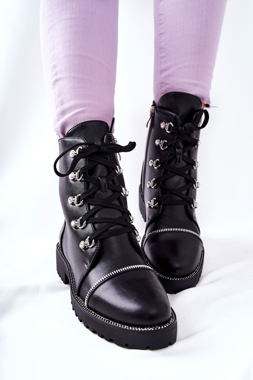 Klasyczne Skórzane Wiązane Botki Czarne Daiane