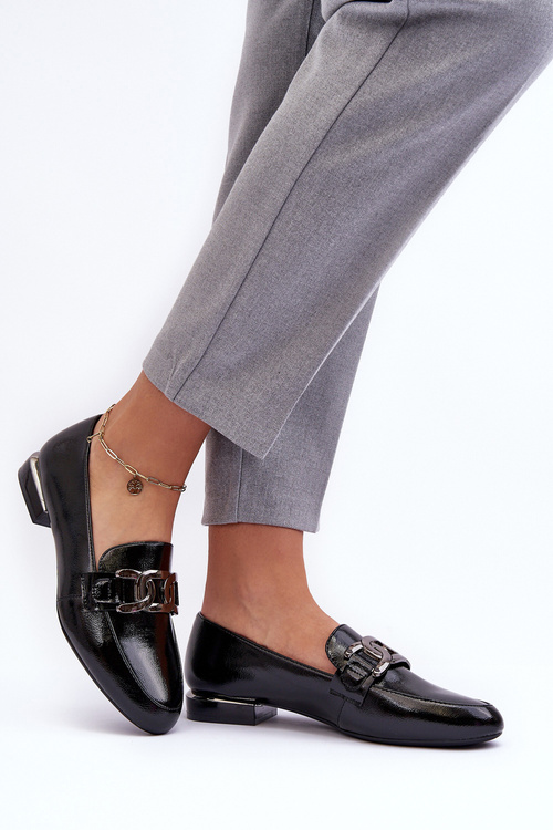 Mokasyny Damskie Lakierowane Z Ozdobą Czarne Camilena MK732