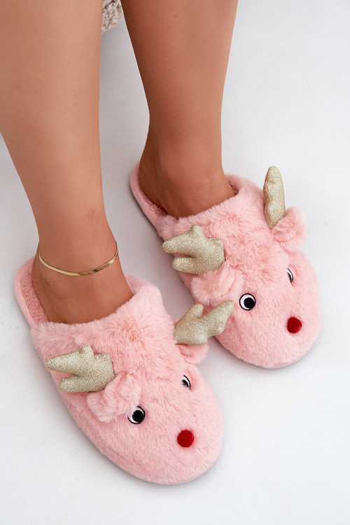Christmas Slippers With Reindeer Design Furry Pink Asielle