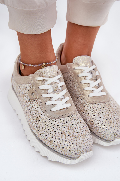 Sneakersy Zamszowe Damskie Platforma Z Brokatem Złote D&A LR51-927