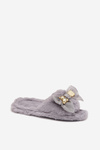 Furry Women's Slippers With Bow And Gold Embellishment Gray Nolara