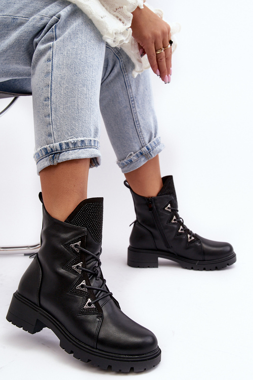 Leather Insulated Boots with Rhinestones Black Gwen SBarski HY93-52A