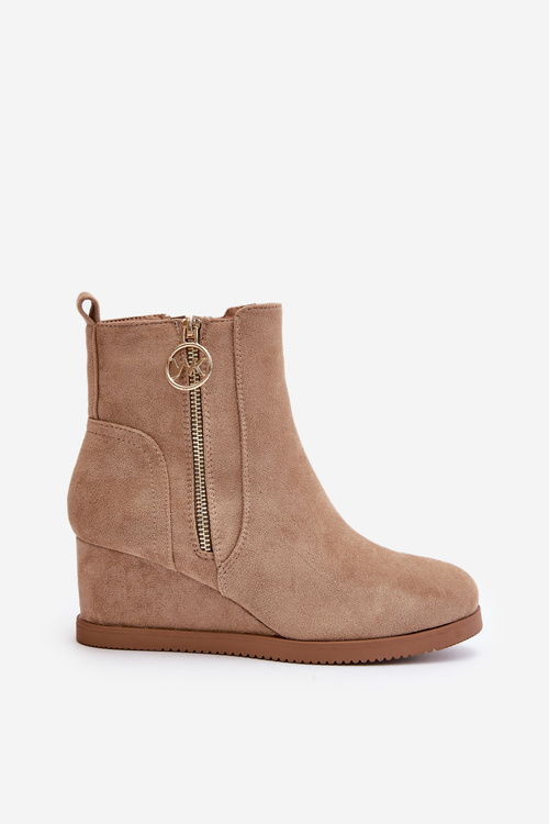 Warm wedge ankle boots with decorative zipper eco suede dark beige Leretha