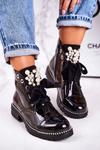 Insulated Boots With Pearls, Studs And Ribbon Patent Black Perla