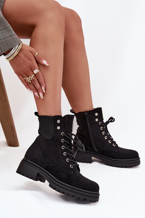 Damskie Botki Workery Z Ozdobami Ocieplane Czarne Olivira