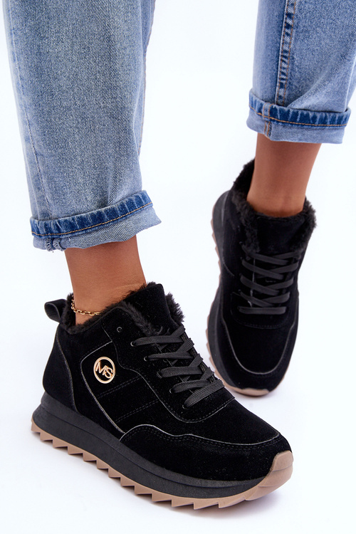 Buty Sportowe Ocieplane Platforma Skóra Czarne Adite TL233