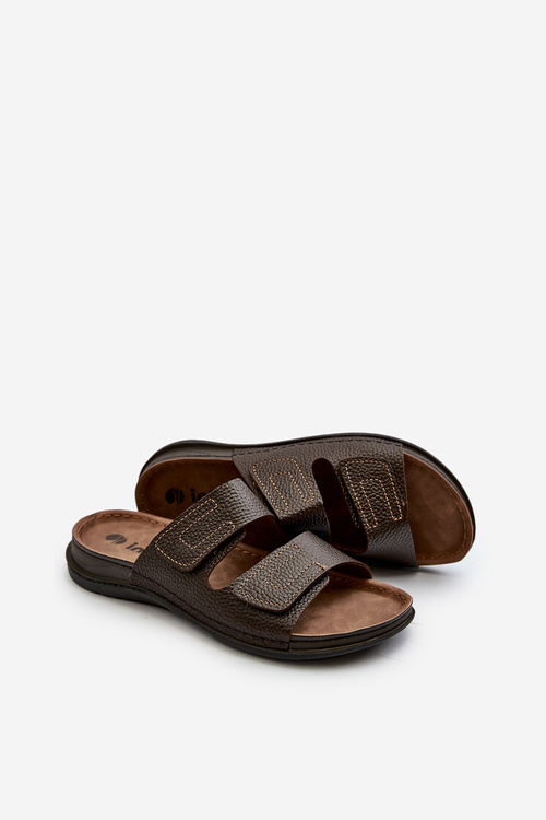 Męskie Wygodne Klapki Z Paskami Na Rzepy Ciemnobrązowe Inblu GV00002I