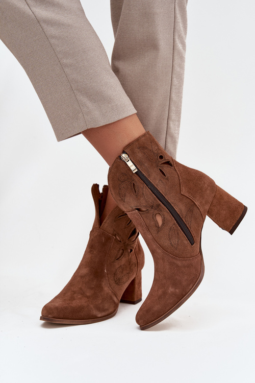Suede Perforated Women's Ankle Boots on Heel Zazoo 3647 Brown
