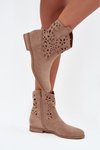 Women's Boots With Perforated Pattern On Flat Heel Eco Suede Beige Athera