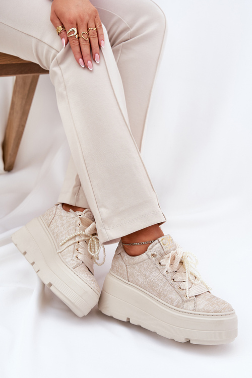 Damskie Sneakersy Skóra Naturalna Platforma Złote CheBello 4658