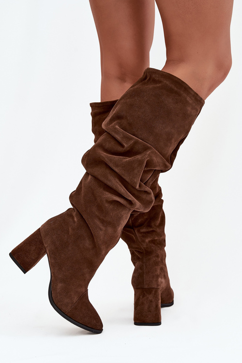 Wrinkled Boots Made From Genuine Suede On Heel Heated Zazoo 4228 Brown