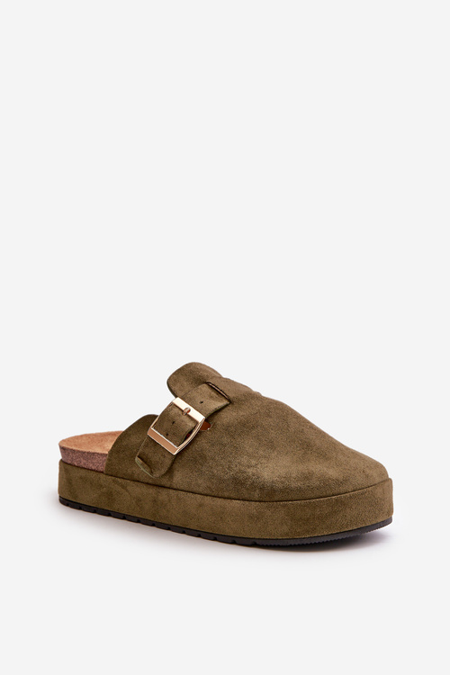 Chodaki Klapki Damskie Platforma Klamra Ciemnozielone Terilaina