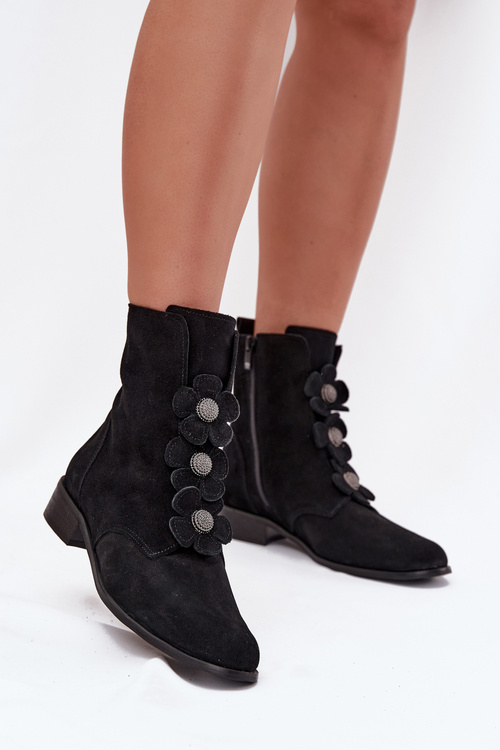 Suede women's ankle boots Zazoo 3085 black with decorative flowers