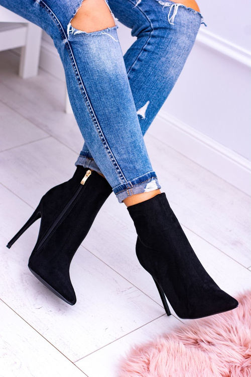 Lu Boo Czarne Zamszowe Botki na Szpilce Veneci