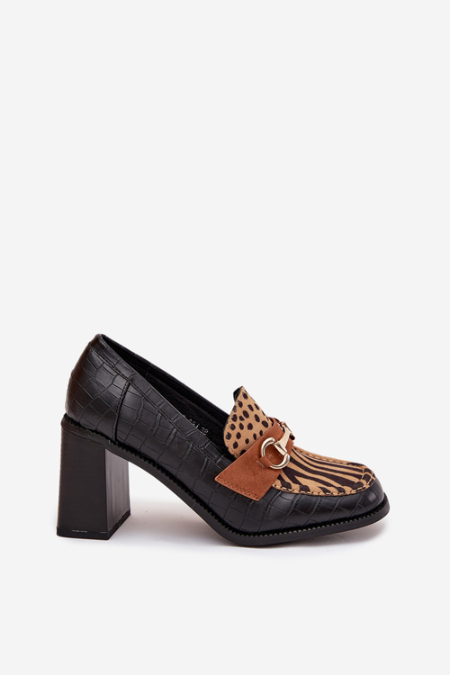 Women's Low Shoes with Heel with Embossing and Gold Detail Black-Beige Novella