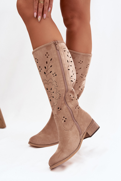 Openwork Women's Boots on Block Heel Khaki Helinna