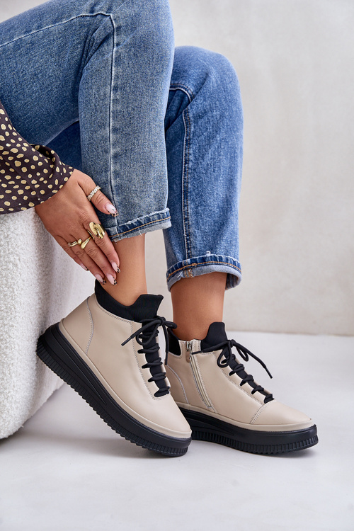 Buty Sportowe Na Platformie Skóra Naturalna Lekkie Beżowe Artiker 55C0554