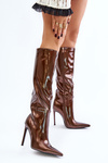 Lacquered insulated boots on a stiletto heel with a buckle brown Tameliae