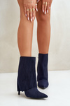Women's Striped Stiletto Ankle Boots With Rolled Shaft And Pointed Toes Navy Naritua