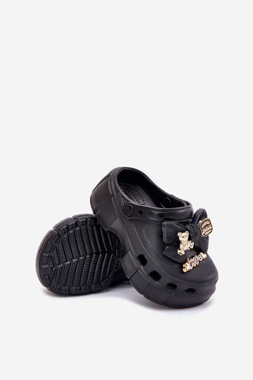 Girls Foam Slippers With Bow And Decorations Black Selvana