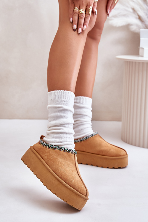 Damskie Kapcie Platforma Haft Camel Neroma