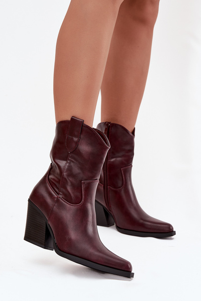 Damskie Botki Obcas Słupek Kowbojki Eko Skórzane Bordowe Sorelia