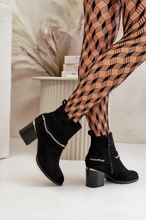 Damskie Botki Ocieplane Z Łańcuszkiem Obcas Słupek Eko Zamsz Czarne Hanalen