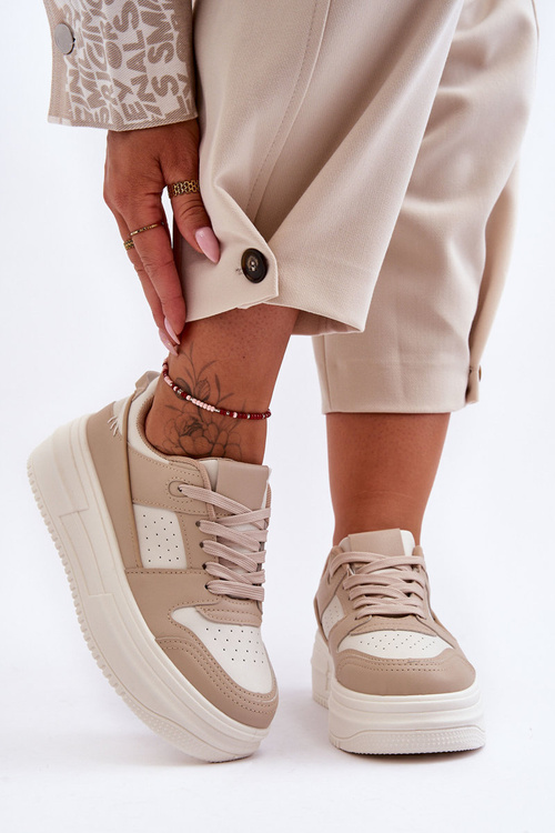 Women's Leather Sport Shoes On Massive Platform Beige Belisso