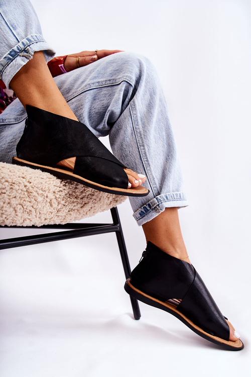 Women's Leather Sandals Broad Foot Black Catalise