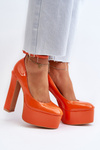 Orange Ninames Patent Leather Pumps on Chunky Platform and Heel