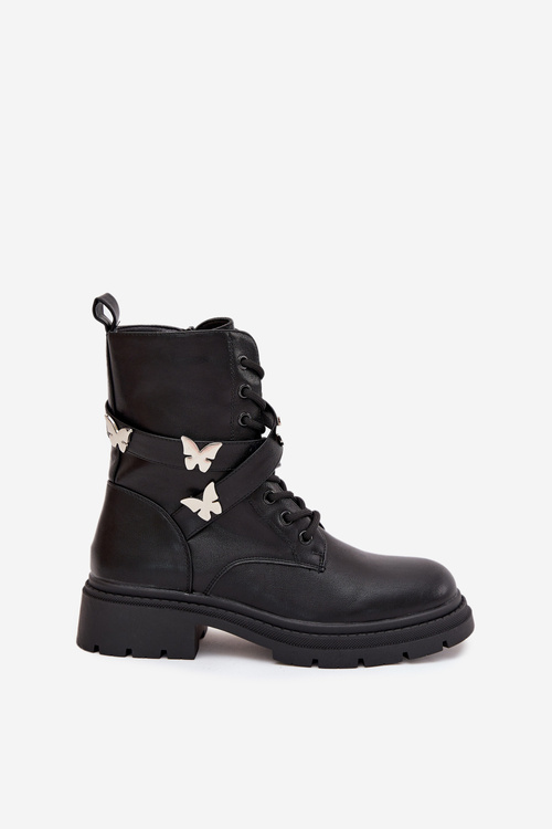 Insulated work boots with strap and silver buckles Black Kaelina