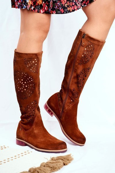 Damskie Kozaki Maciejka Skórzane Ażurowe Camel 04525-29