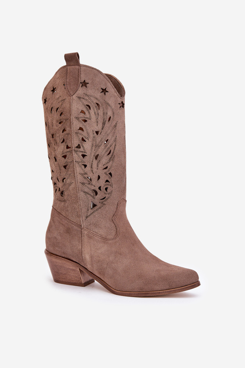 Kozaki Ażurowa Cholewka Zamsz Obcas Brązowe Zazoo 3609