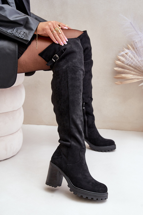 Kozaki Damskie Obcas Słupek Eko Zamszowe Z Cholewką Za Kolano Ocieplane Czarne Niaviera