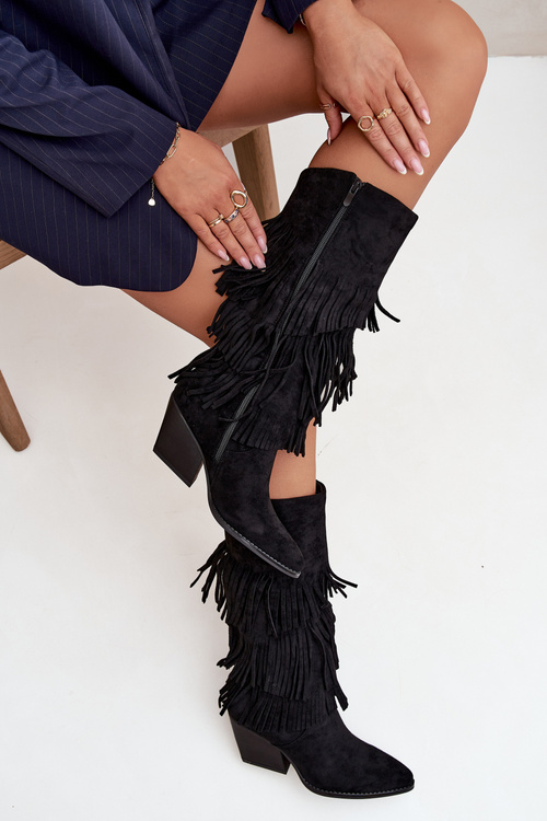 Damskie Kozaki Kowbojki Ocieplane Z Frędzlami Czarne Brivina